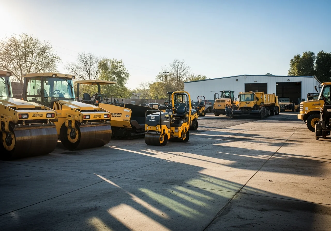 Paving crew and equipment on a residential driveway project, showcasing professional asphalt work.