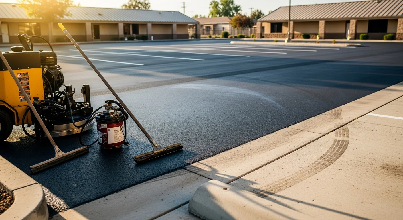 Fresh seal coat application on an asphalt parking lot with new striping