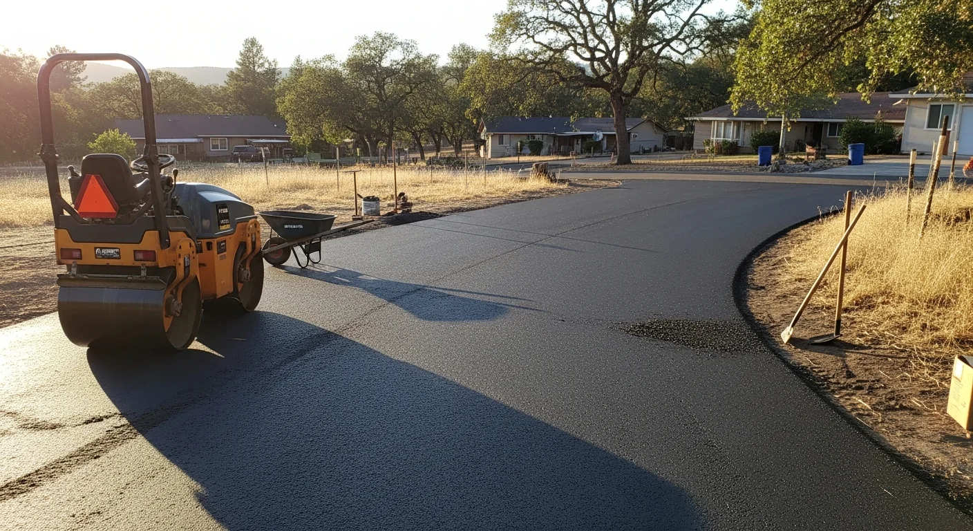 Professional asphalt paving crew laying fresh asphalt on a residential driveway