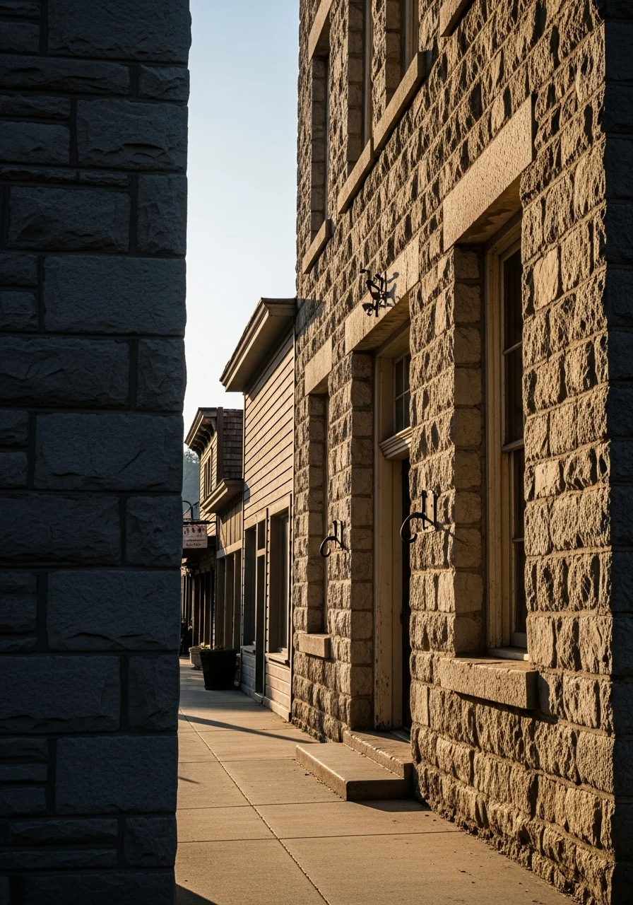 Historic gold rush era building in downtown San Andreas with stone foundation and period architecture.