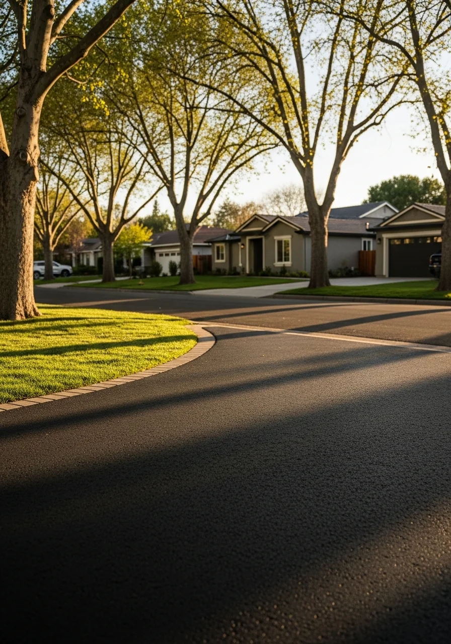 Suburban Sacramento residential street with modern homes, landscaping, and tree-lined sidewalk.
