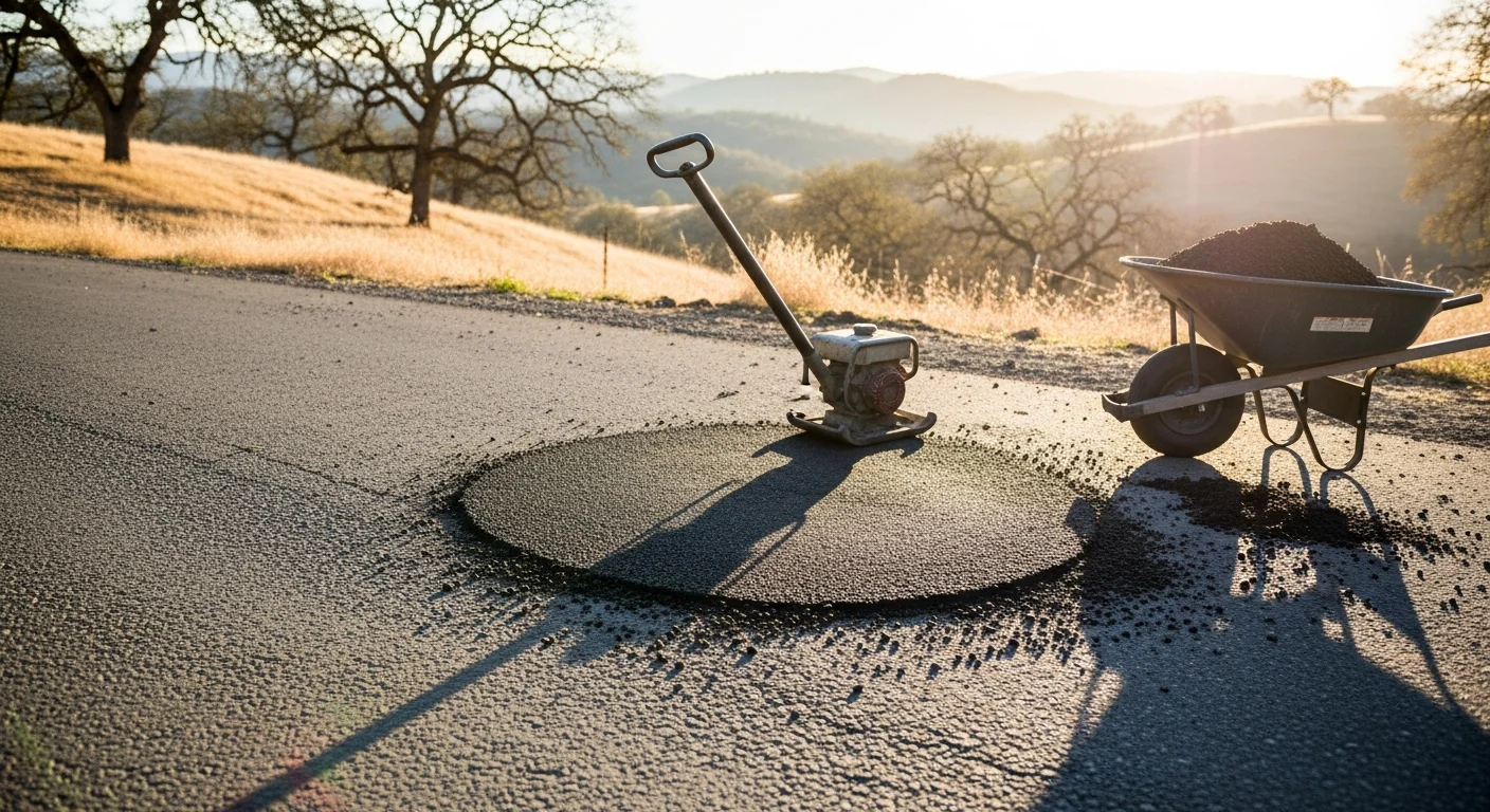 A freshly patched asphalt pothole on a commercial parking lot surface in San Joaquin County, showing a smooth, compacted repair flush with the surrounding pavement. The repaired area contrasts with the older surrounding asphalt, indicating recent professional pothole repair work by Herring Paving Company.