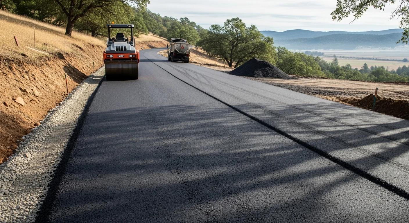 Freshly paved private asphalt road cutting through a rural property in Calaveras County, with compacted edges and a smooth driving surface extending toward a ranch gate. Surrounding terrain shows dry grass hillside typical of the California foothills.